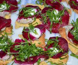 A bite sized beet appetizer from the Black Trumpet catering team. 